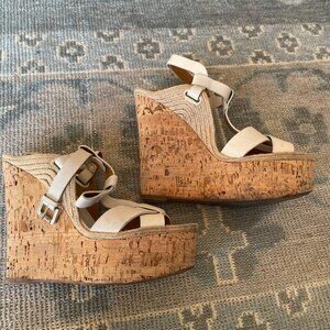 Ralph Lauren Cream Leather Espadrilles Wedges, Size 7